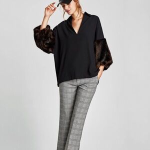 Zara Black V-Neck Top Faux Fur Cuffed Sleeved Blouse ~ Sz Small